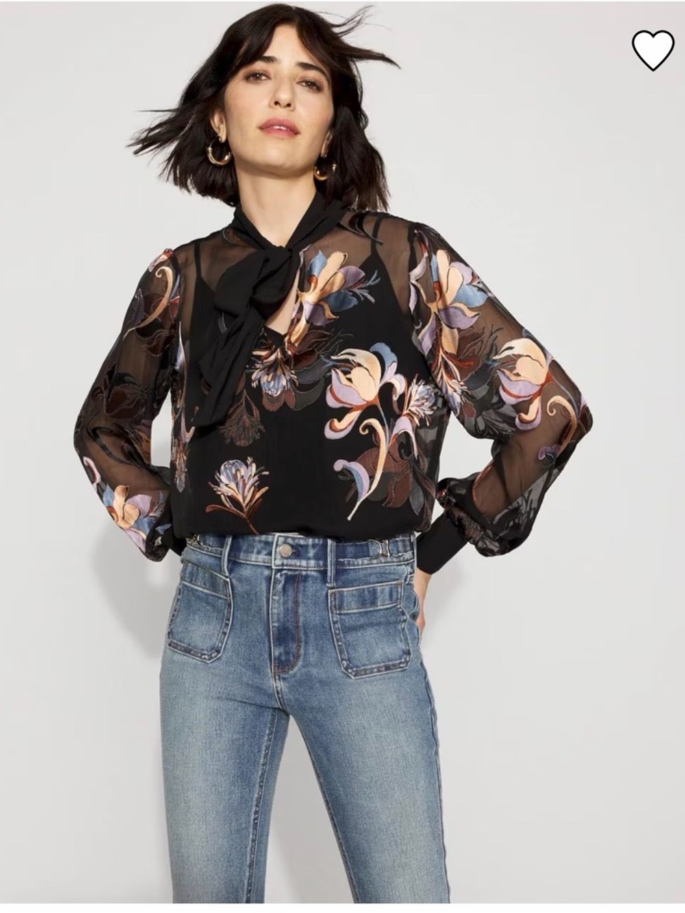 White House Black Market Floral Silk Burnout Tie-Neck Blouse